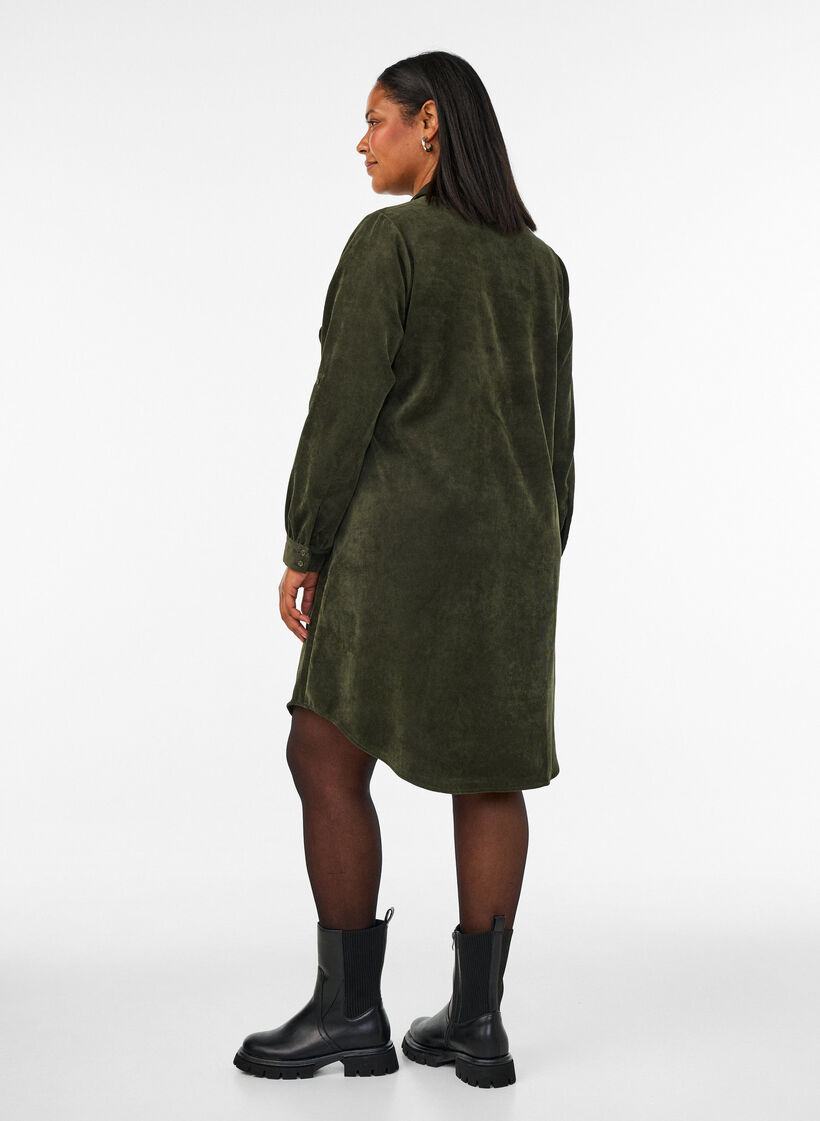 Corduroy shirt dress with collar and button fastening, Green, Model image number 2