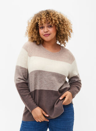 Knitted pullover with round neck and stripes, Iron Mel. Comb, Model image number 0