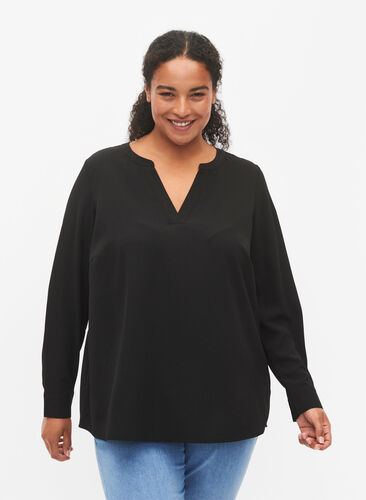 Long-sleeved blouse with lace detail , Black, Model image number 0