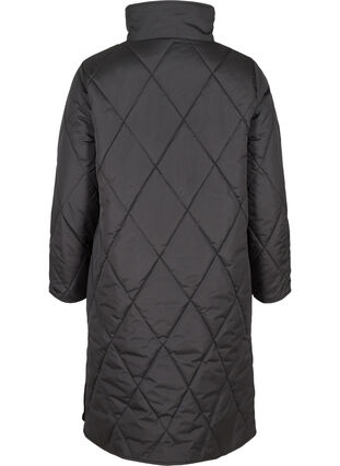 Long quilted high-neck jacket with pockets, Black, Packshot image number 1
