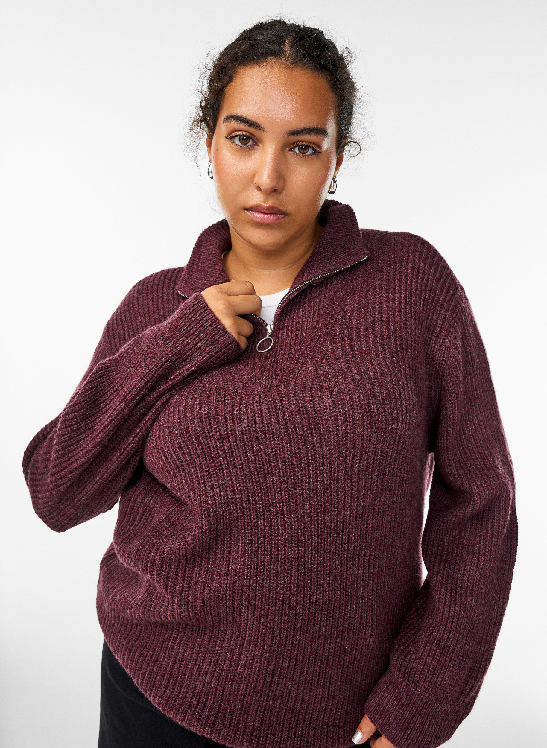 ZizzifashionKnitted sweater with high neck and zipper, Red, Model image number 3