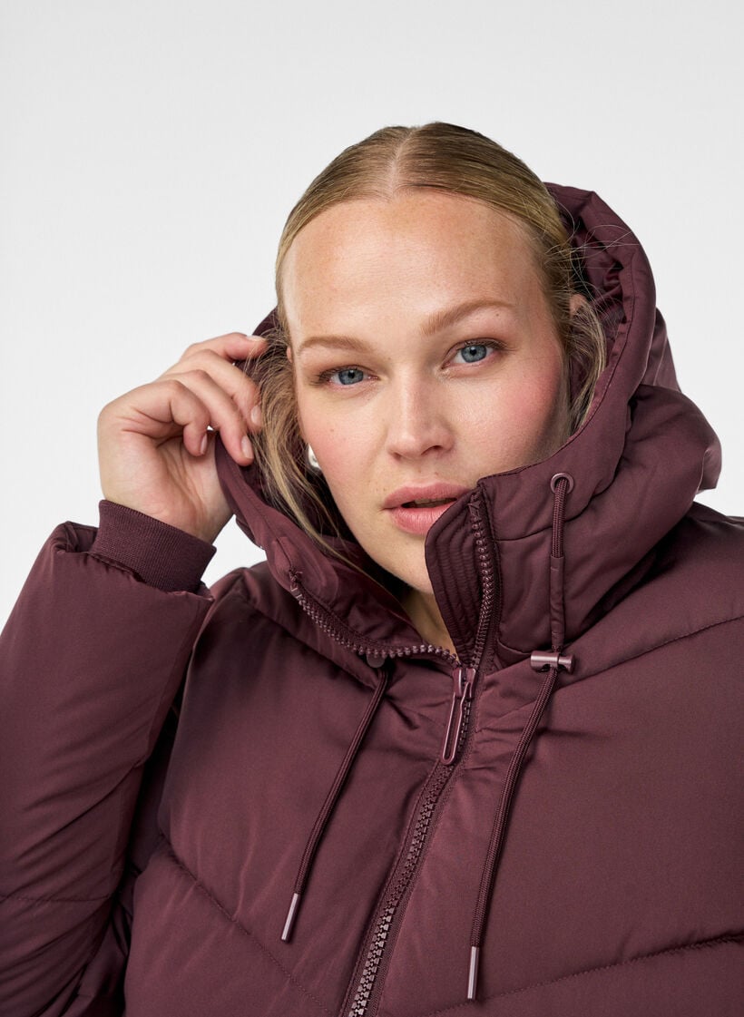 Long puffer coat with hood and pockets, Dark Bordeaux, Model image number 2