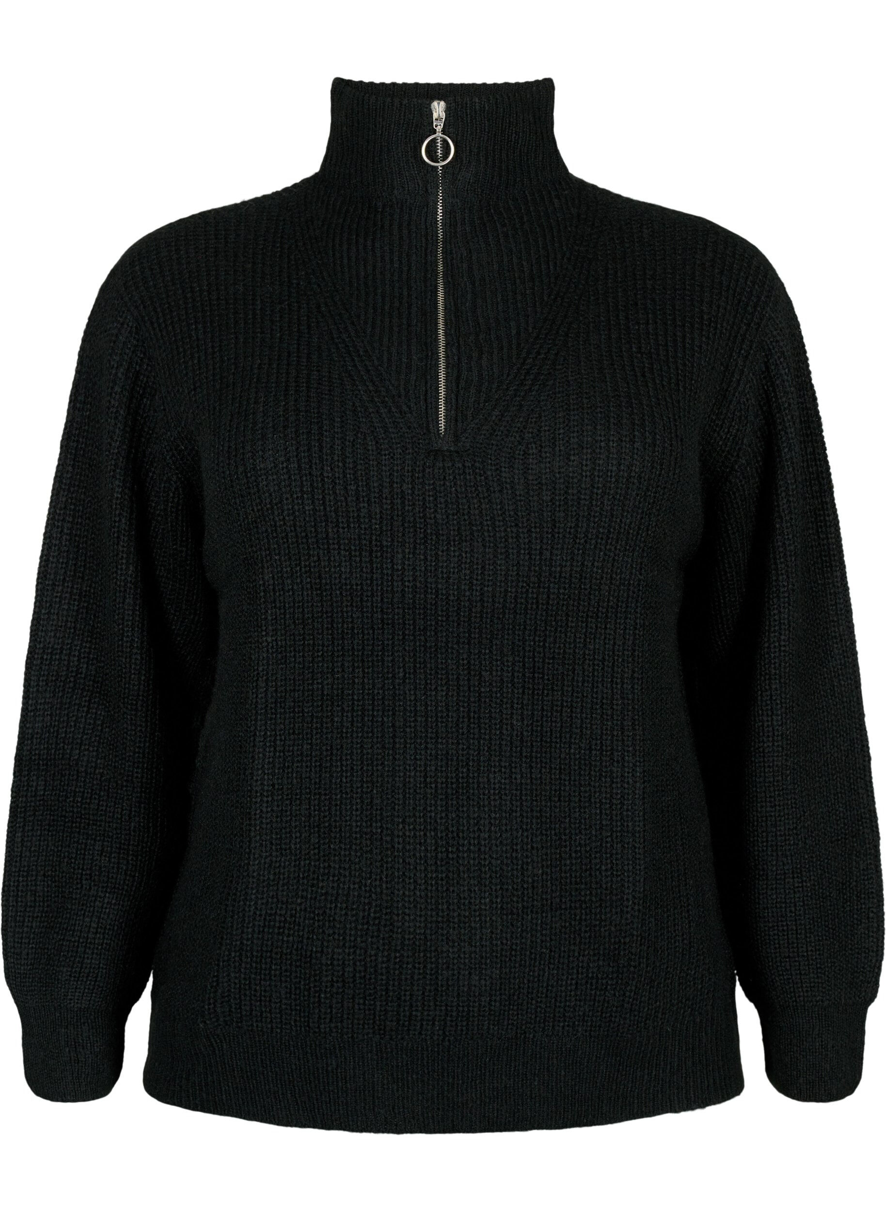 Zizzifashion FLASH - Knitted sweater with high neck and zipper, Black, Packshot image number 0