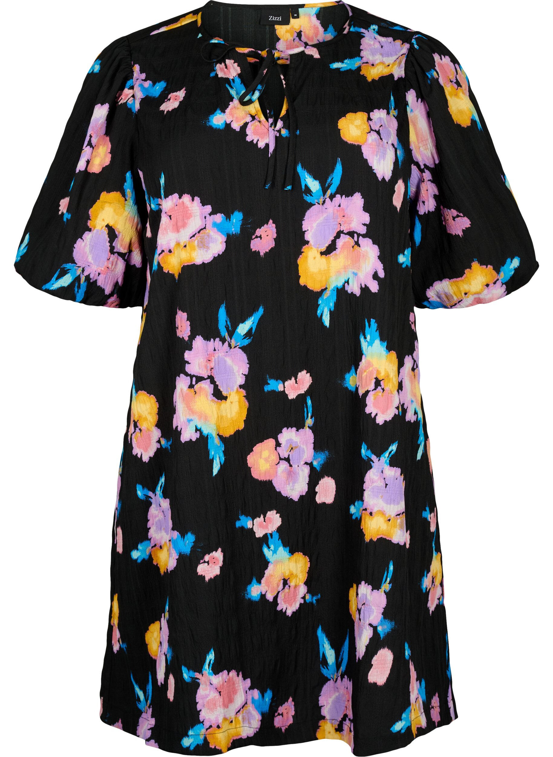 Zizzifashion Dress with short puff sleeves and floral print, Black, Packshot image number 0