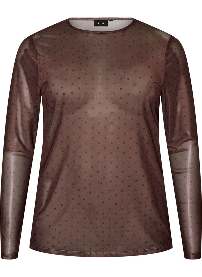 Mesh blouse with print, Brown, Packshot image number 0