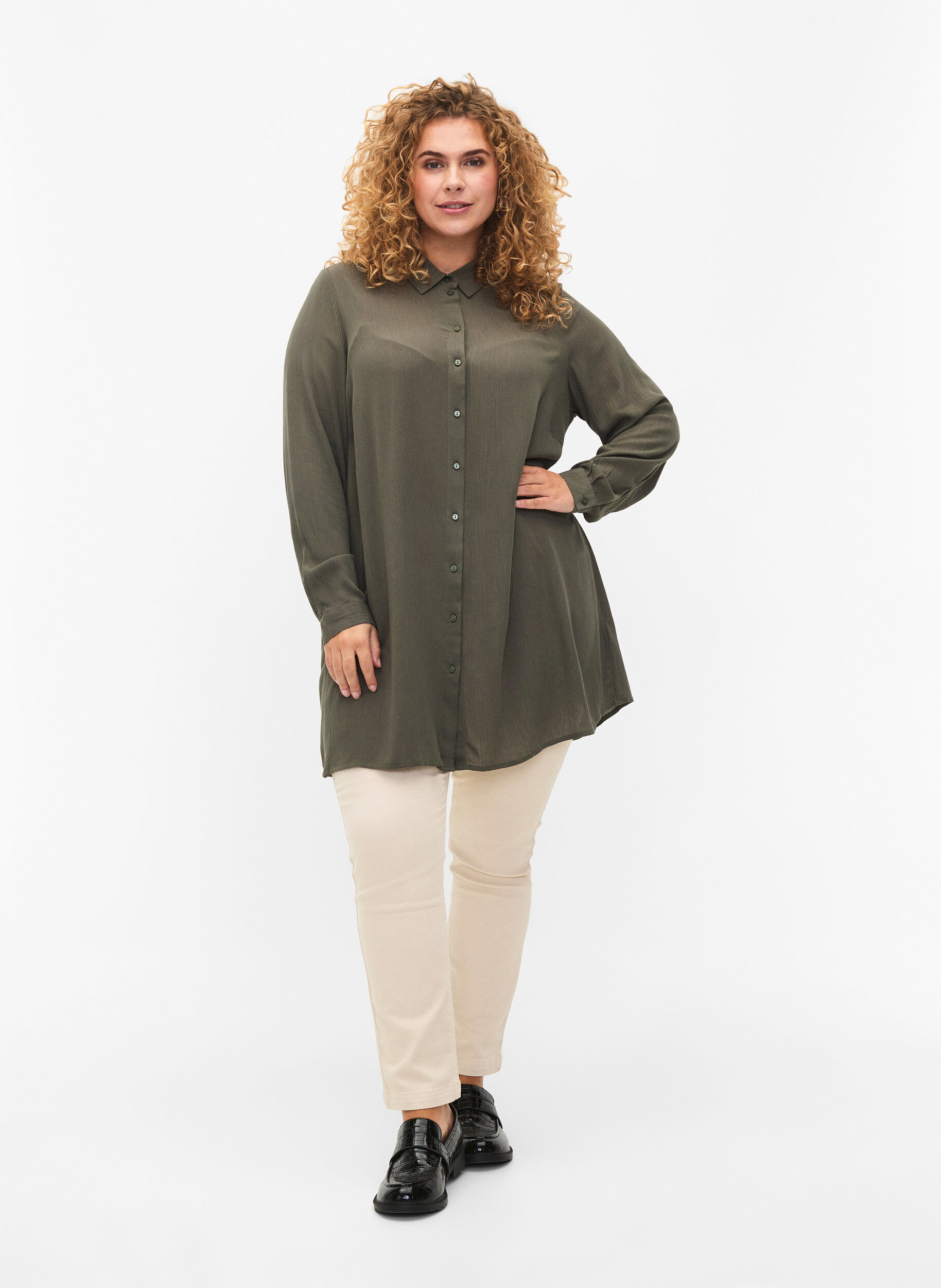 Zizzifashion Long viscose shirt with long sleeves, Green, Model image number 1