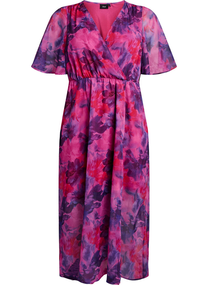 Long chiffon dress with floral print and short sleeves, Red, Packshot image number 0