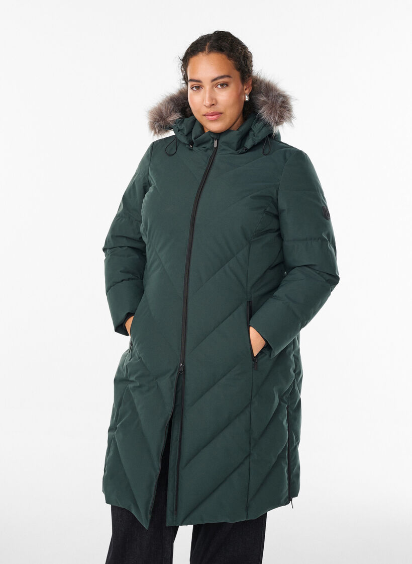 Long winter coat with hook fastenings and a faux fur collar, Green, Model image number 0