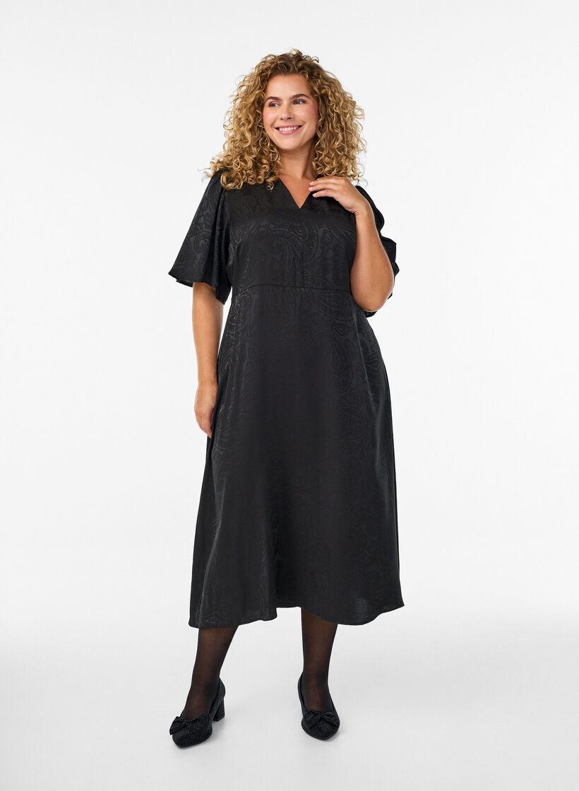 Midi jacquard dress with paisley pattern and wing sleeves, Black, Model image number 0