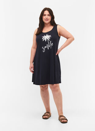 Sleeveless cotton dress with a-shape, Night Sky W. Smile, Model image number 2