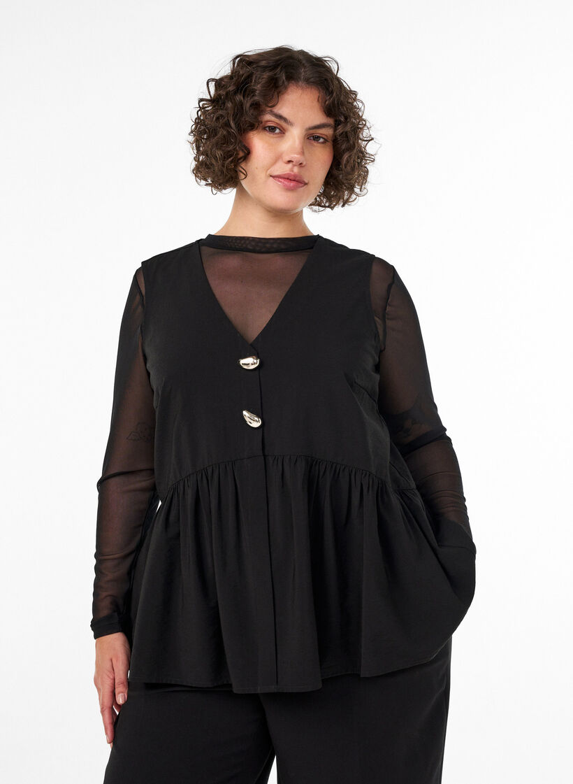 Sleeveless peplum blouse with decorative buttons, Black, Model image number 0