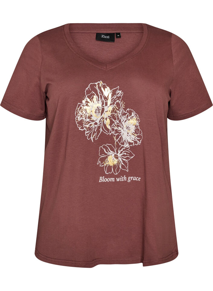 Cotton T-shirt with front print and V-neck, Red, Packshot image number 0