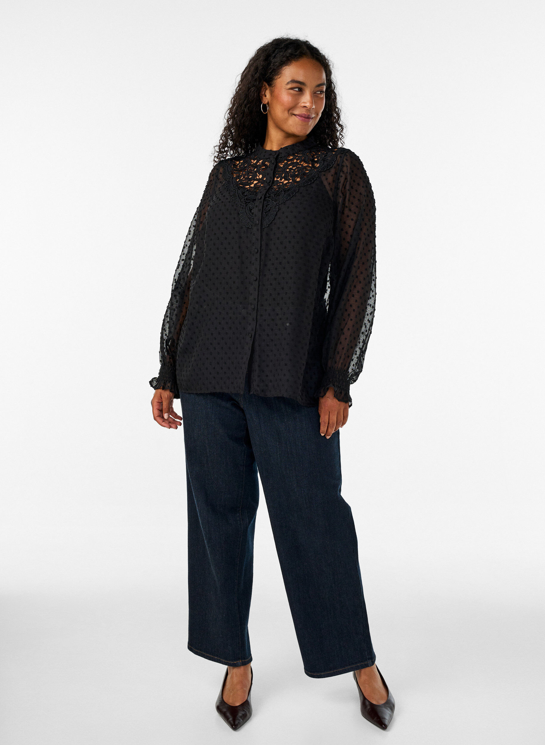 ZizzifashionShirt blouse with lace insert and dot pattern, Black, Model image number 1
