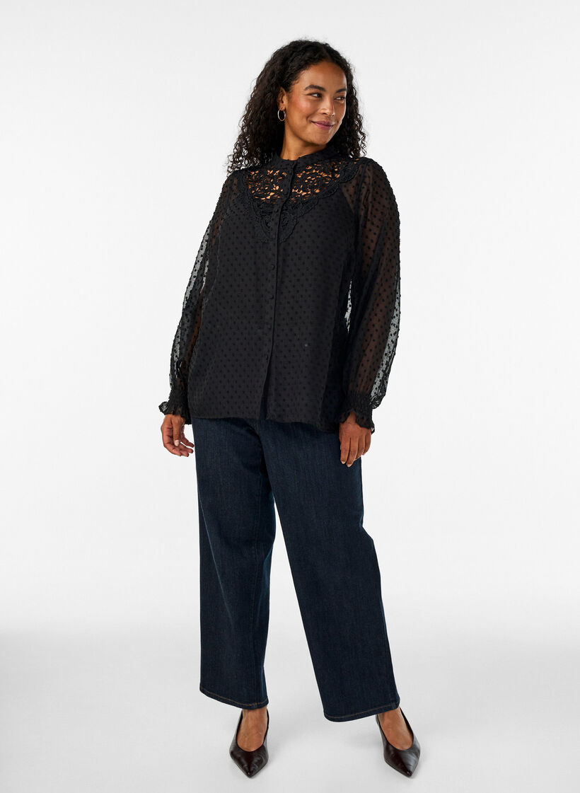 Shirt blouse with lace insert and dot pattern, Black, Model image number 1