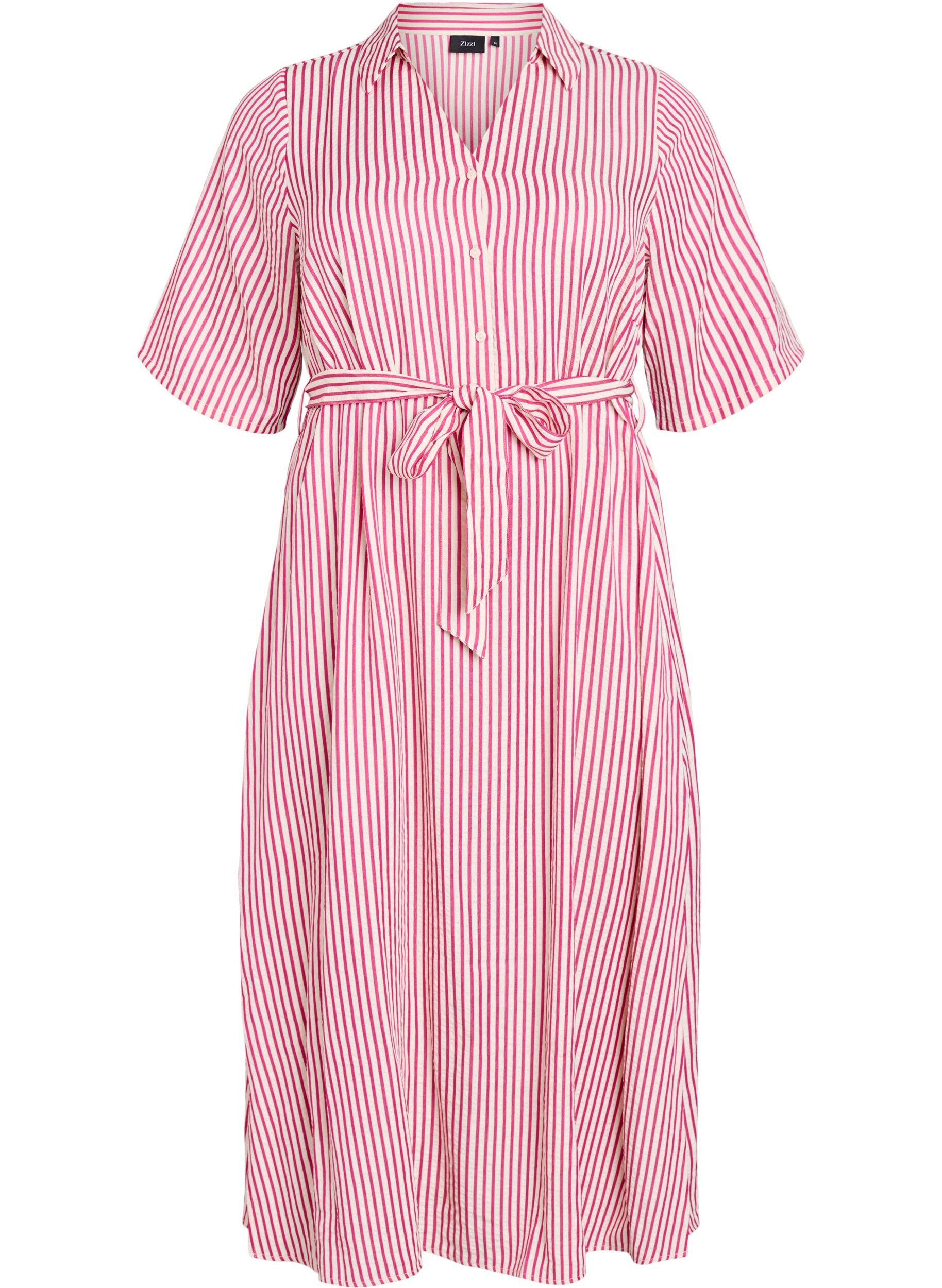 Zizzifashion Ankle-length shirt dress with tie belt and stripes, Pink, Packshot image number 0
