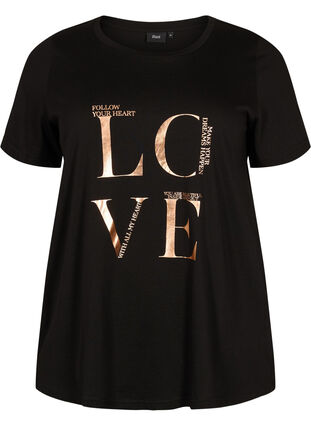 	 Short sleeve cotton t-shirt with print, Black W. Love , Packshot image number 0