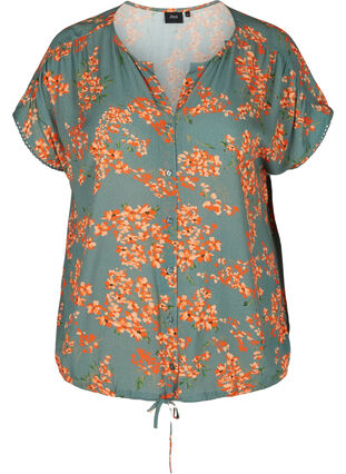 Printed short-sleeved viscose blouse, Balsam Green Flower, Packshot image number 0