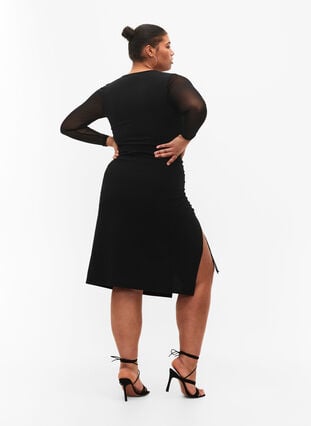 Midi skirt with slit and ruched effect, Black, Model image number 1
