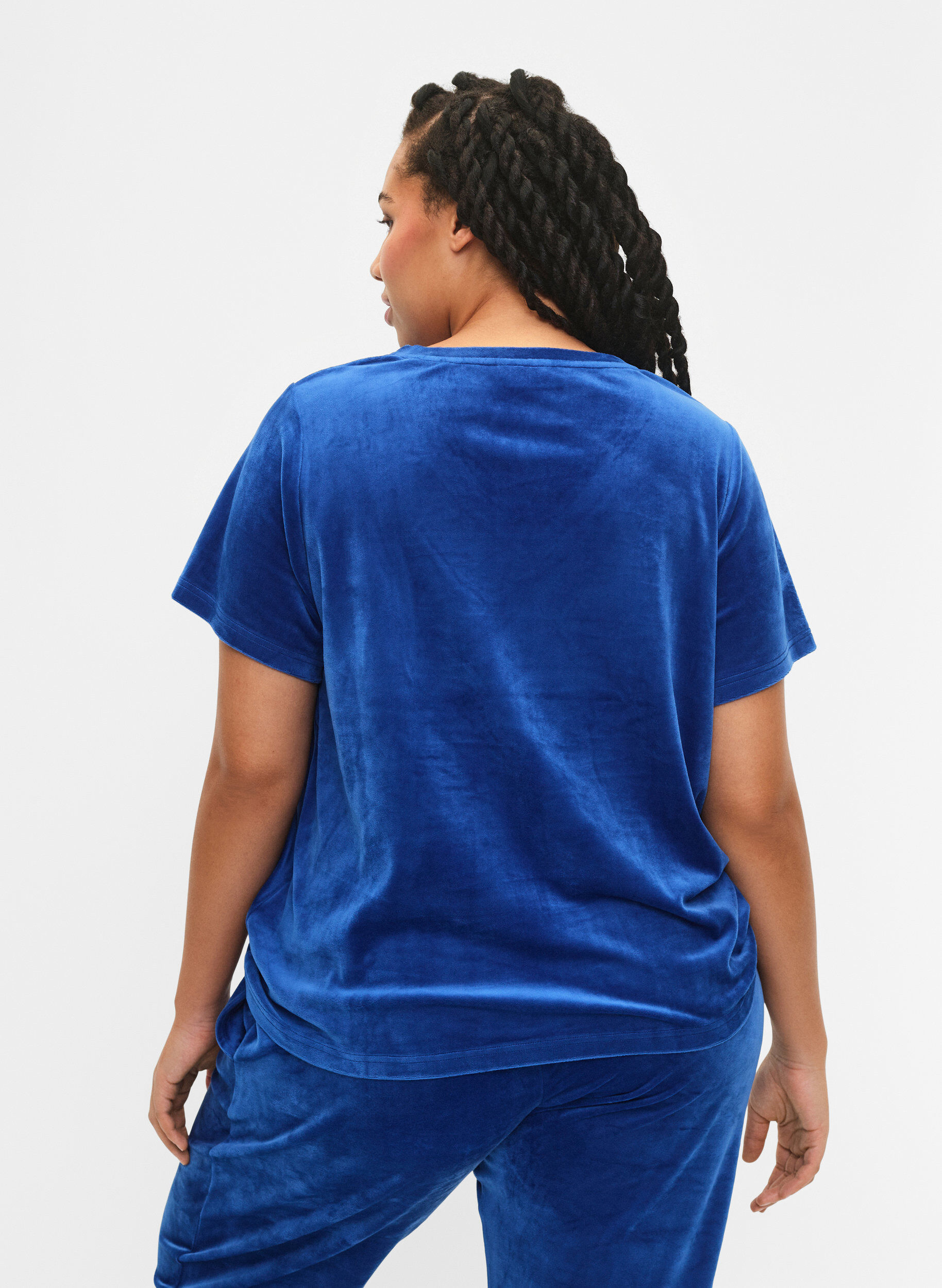 Zizzifashion Velour t-shirt with a v-neck, Monaco Blue, Model image number 1