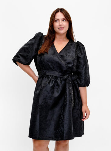 Short wrap dress with 3/4 sleeves, Black, Model image number 0