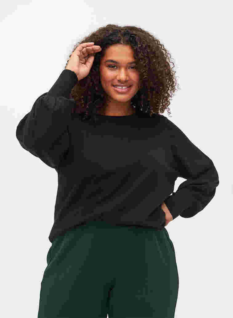 Knitted blouse with viscose and balloon sleeves, Black, Model