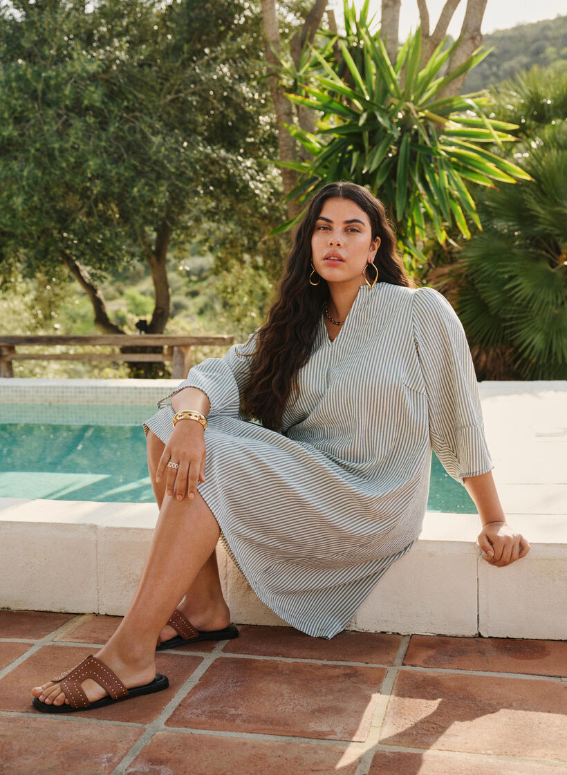 Striped dress with 3/4 sleeves, Green Stripe, Image image number 0