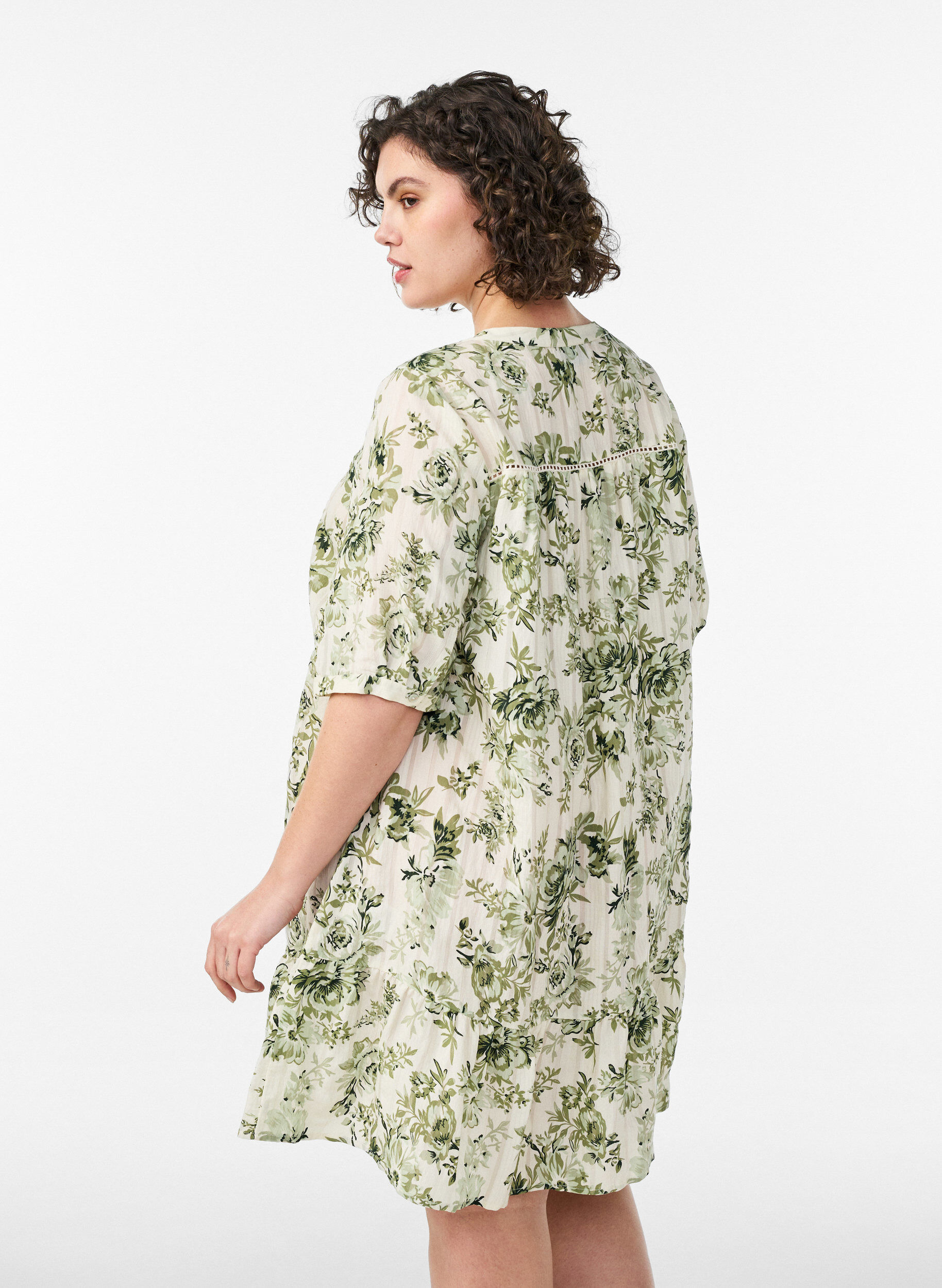 ZizzifashionShort viscose dress with lace trim and A-line cut, Green, Model image number 2