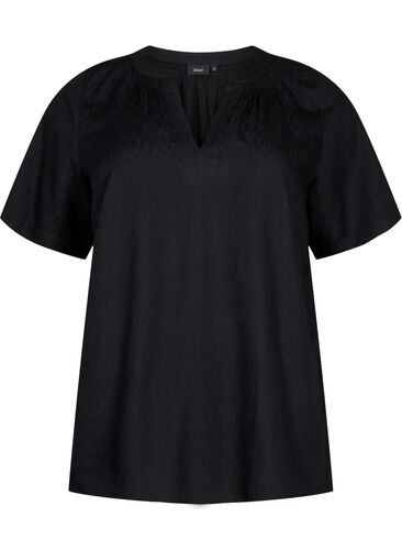 Short-sleeved viscose blouse with v-neck, Black, Packshot image number 0