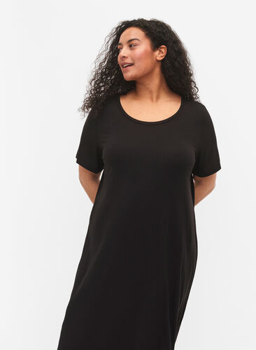 Viscose midi dress with short sleeves, Black, Model image number 2