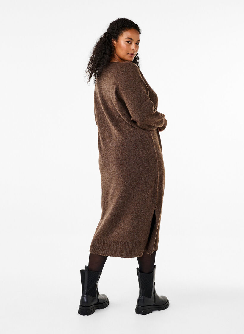 Long-sleeved knitted dress with V-neck, Brown, Model image number 1