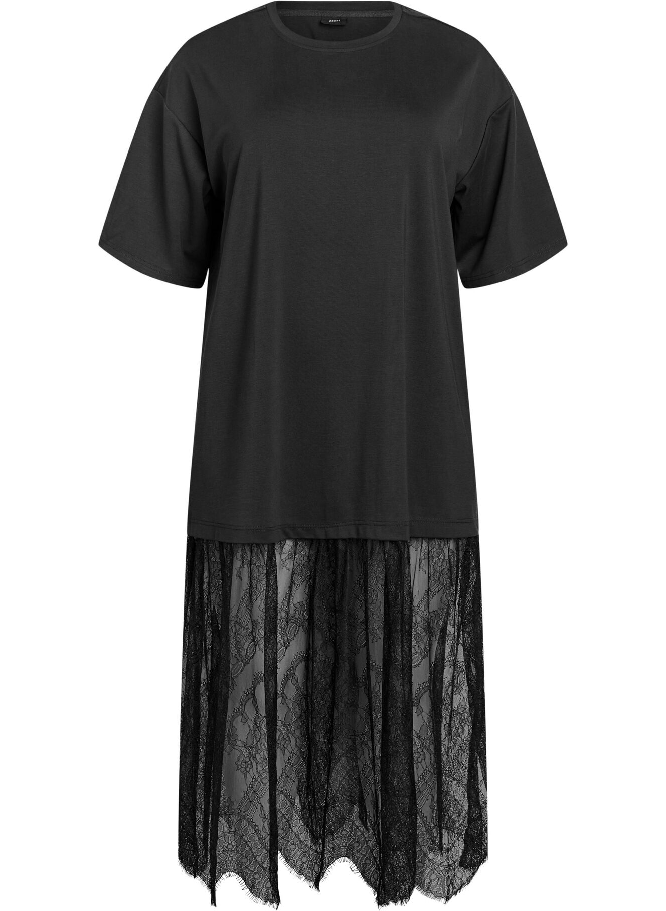 Jersey T-shirt dress with a lace layer - Black - Sz. XL - Zizzifashion Jersey T-shirt dress with a lace layer - Black - Sz. XL - Zizzifashion