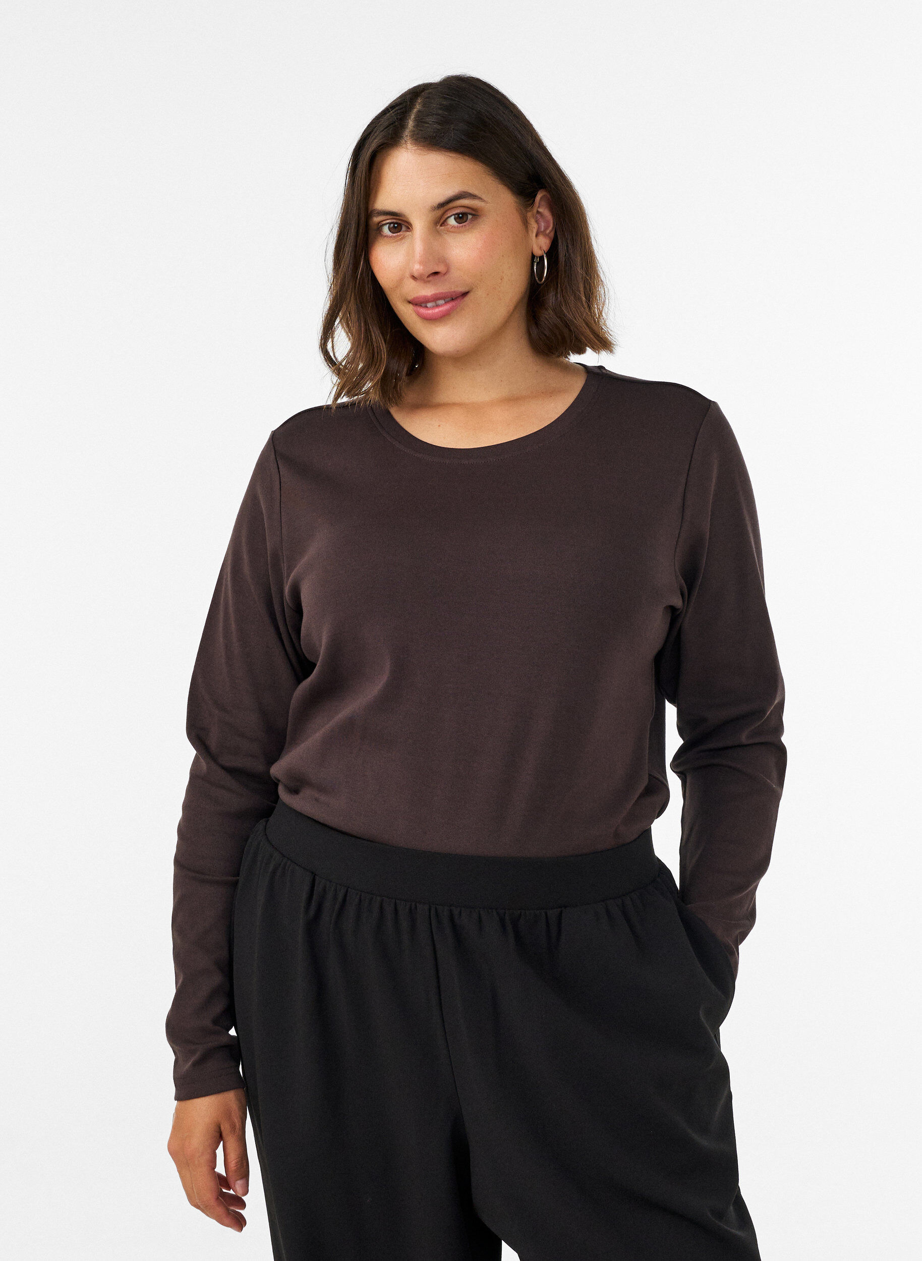 ZizzifashionLong-sleeved basic T-shirt with a round neck, Brown, Model image number 0