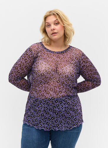 Tight fit mesh blouse with floral print, Purple AOP, Model image number 0