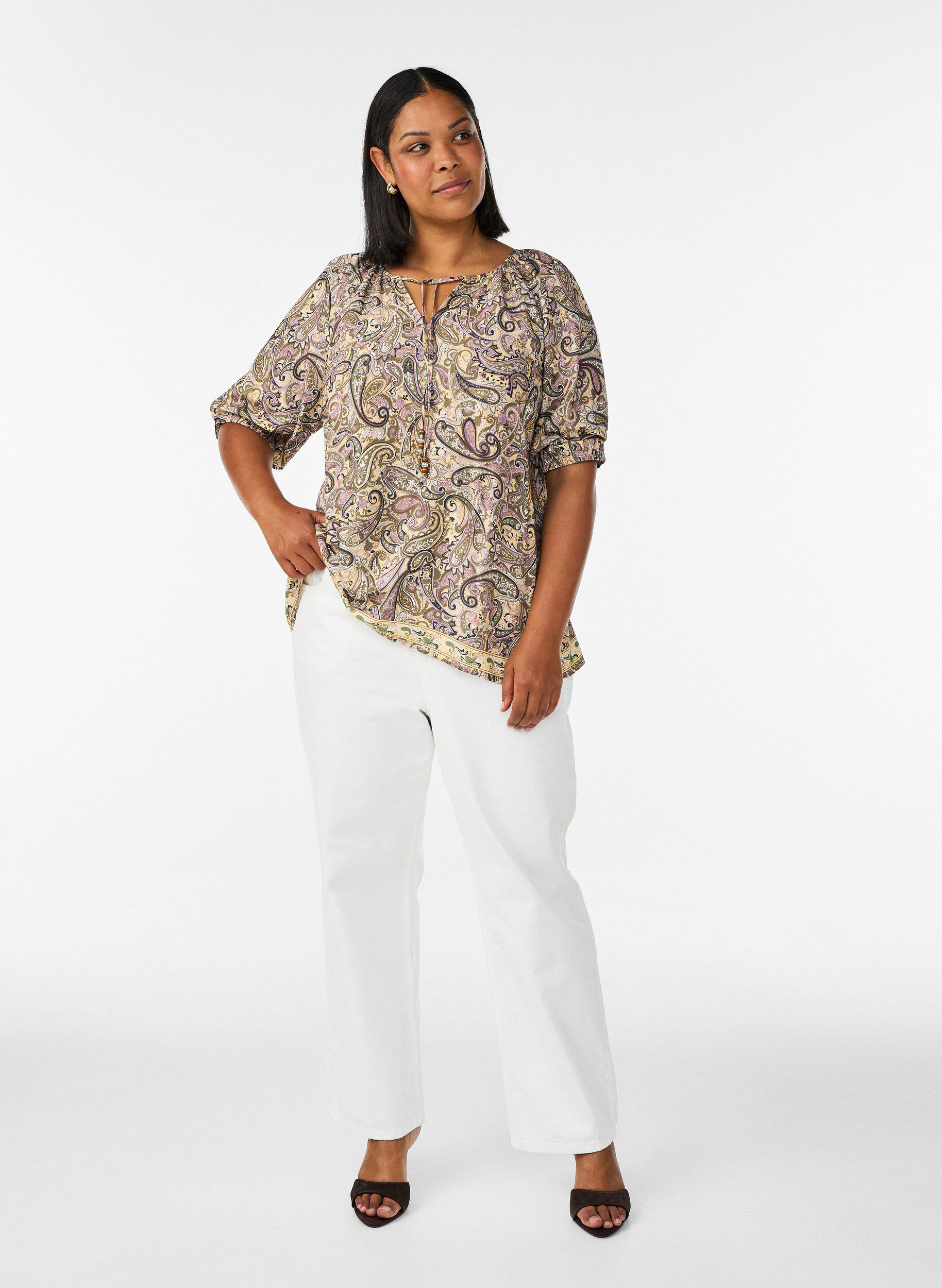 ZizzifashionViscose blouse with paisley print and tie-string, Yellow, Model image number 1