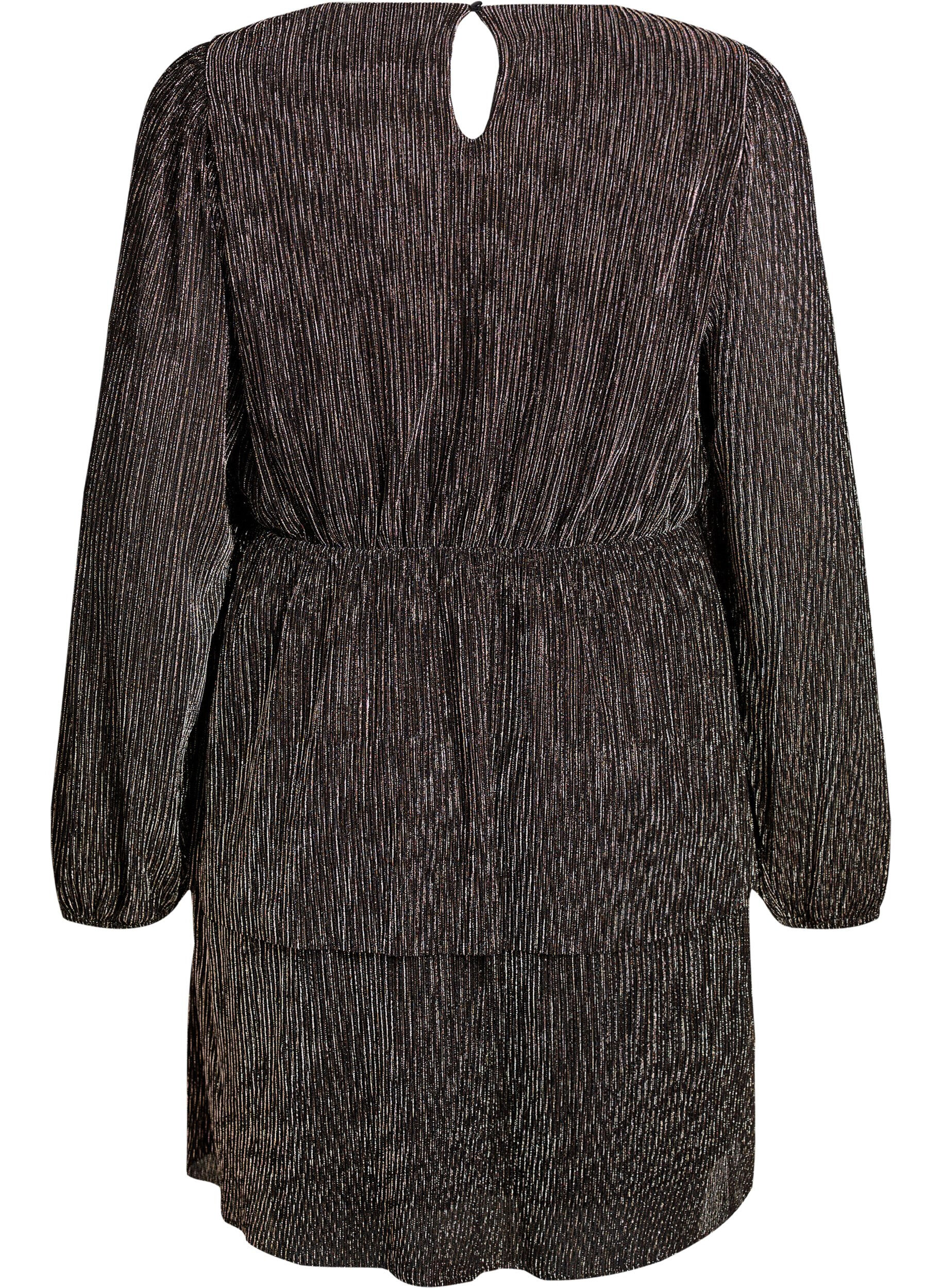 Zizzifashion Short dress with glitter stripes and long sleeves, Black, Packshot image number 1