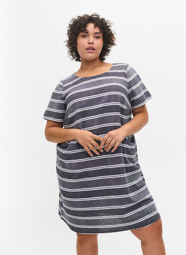 Striped, short-sleeved dress, Blue Stripe, Model image number 0
