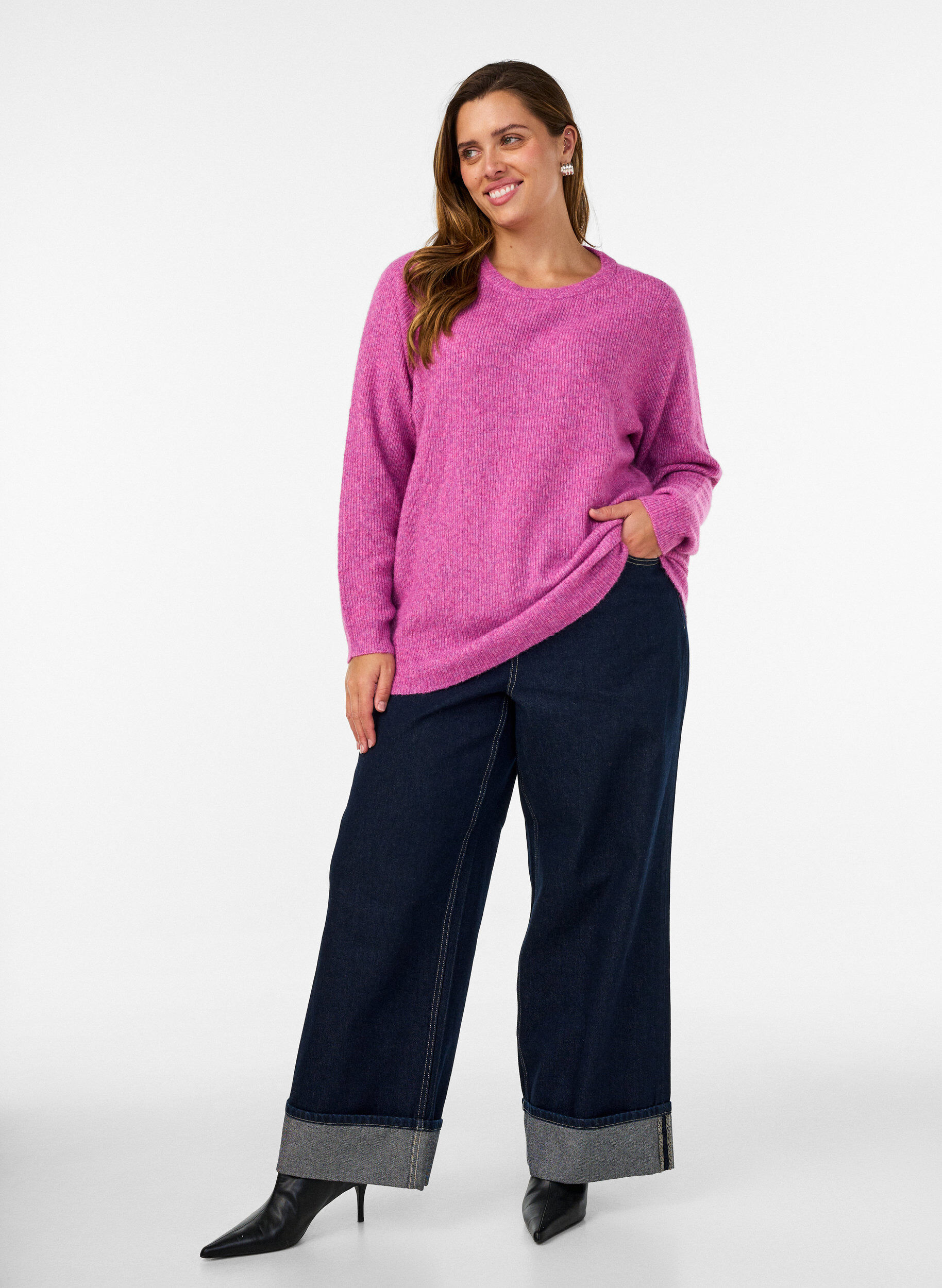 ZizzifashionMelange knit blouse with round neck, Purple, Model image number 1