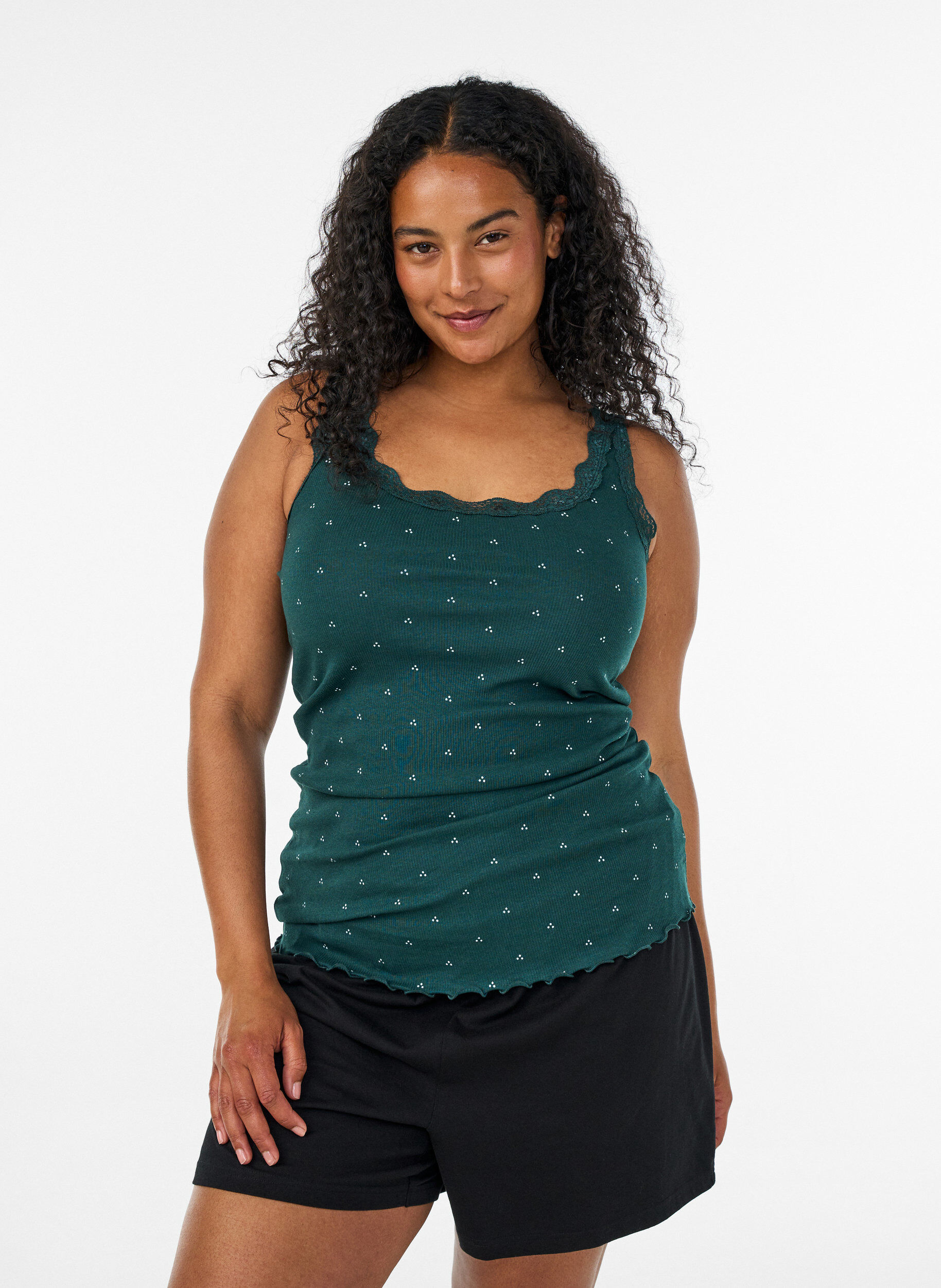 ZizzifashionTop with print and lace edge, Green, Model image number 0