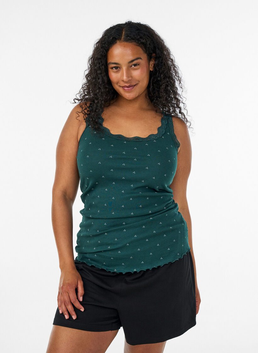 Top with print and lace edge, Green, Model image number 0