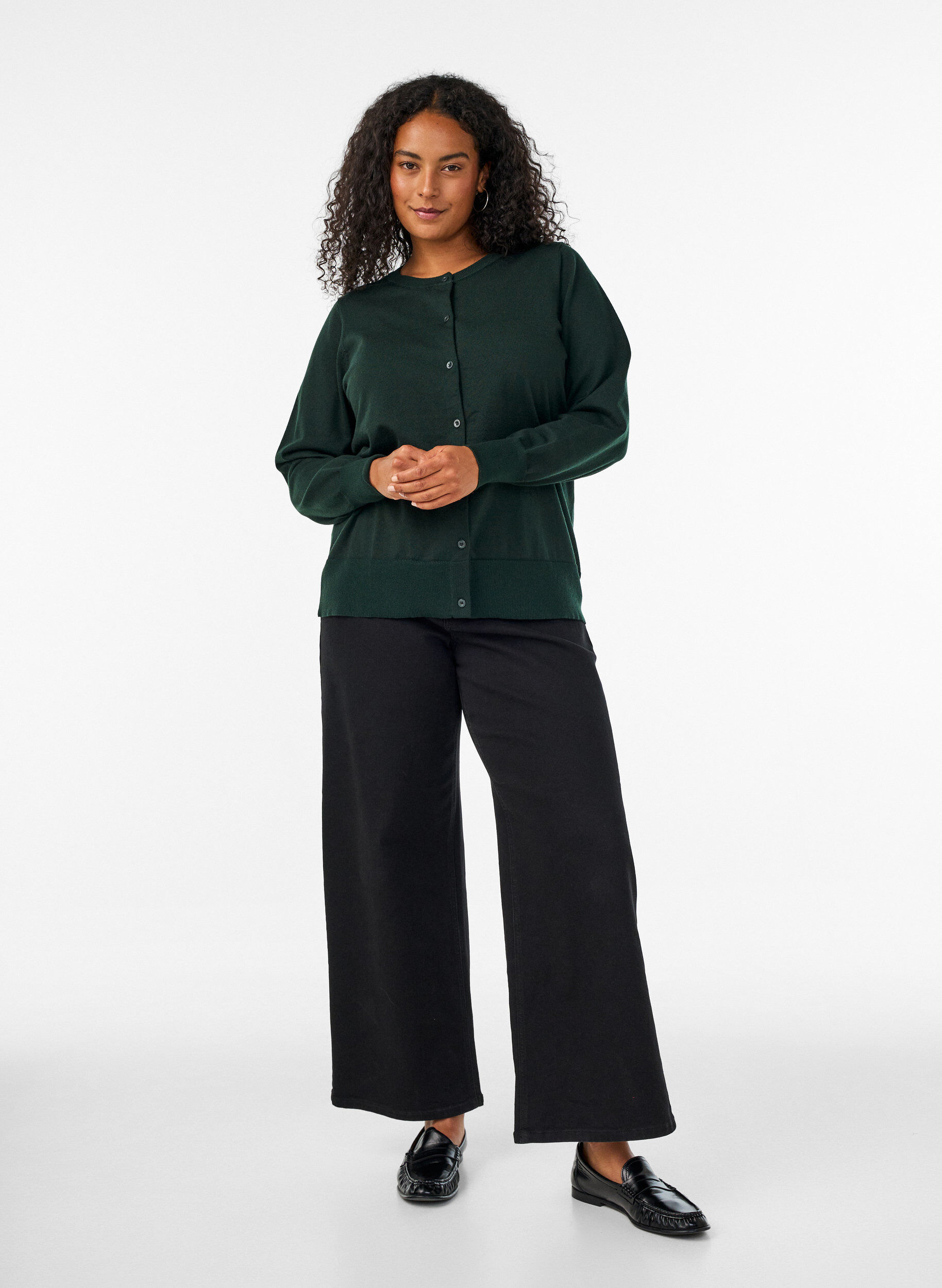 ZizzifashionFine-knit cardigan with a round neck, Green, Model image number 1