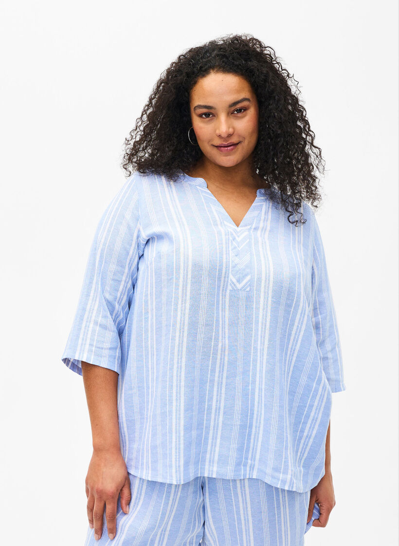 Striped blouse in linen-viscose blend, Light Blue, Model image number 0