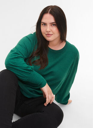 Knitted blouse with viscose and balloon sleeves, Evergreen Mel., Model image number 2