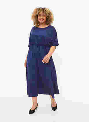 Short sleeve midi dress with adjustable waist, Evening Blue, Model