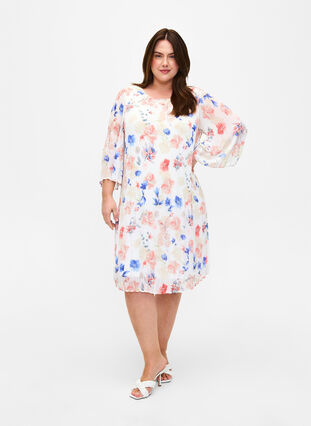 Printed pleated dress with waist tie, White/Blue Floral, Model image number 2