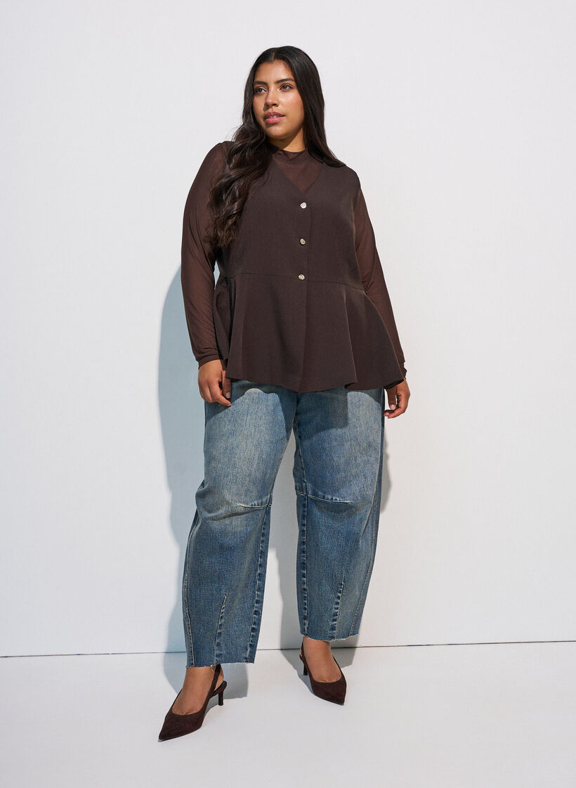 Fitted mesh blouse with long sleeves, Brown, Model image number 1