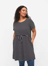 Striped tunic in cotton with short sleeves, Black Stripe, Model