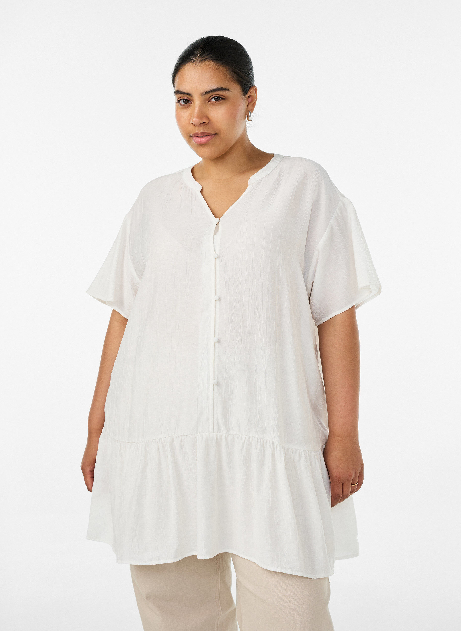 ZizzifashionLoose tunic with crinkled texture and ruffle hem, Vanilla, Model image number 0