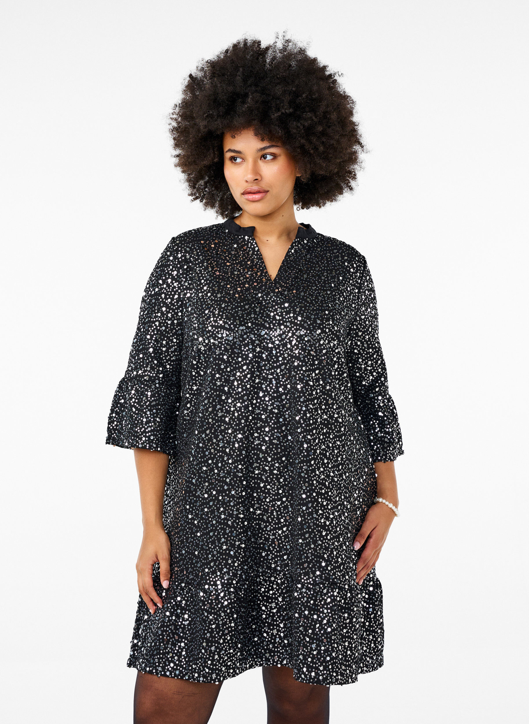 Zizzifashion Sequin dress with a V-neck and 3/4 sleeves, Black w. Sequins, Model image number 0