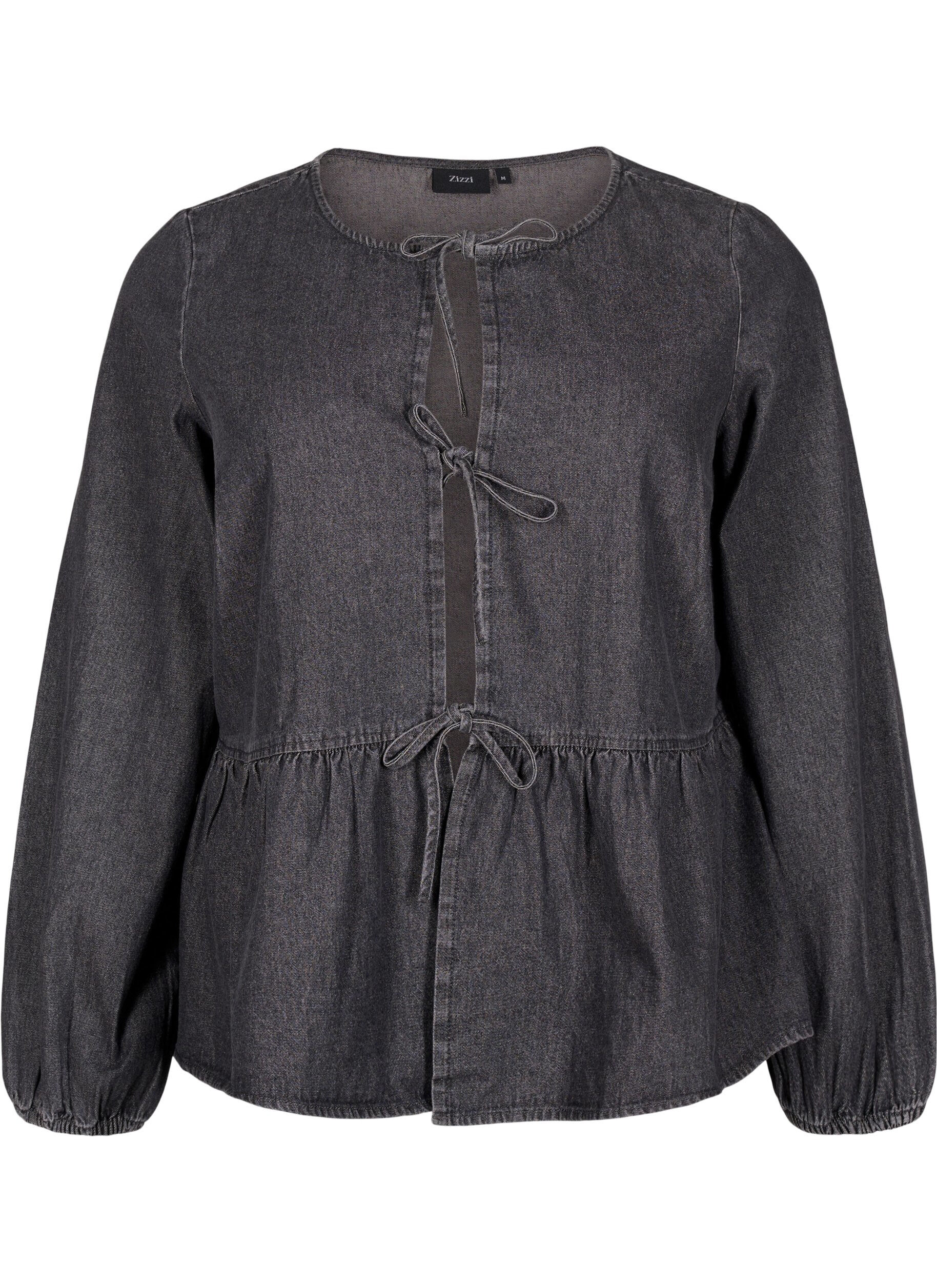 Zizzifashion Peplum blouse in denim with a tie fastening, Dark Grey, Packshot image number 0
