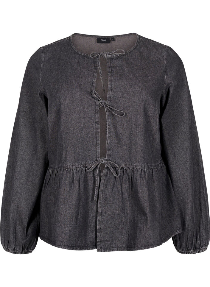 Peplum blouse in denim with a tie fastening, Dark Grey, Packshot image number 0